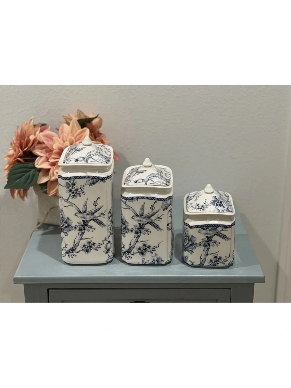Set (3) 222 Fifth Adelaide Blue Bird Floral Canisters on White Background ~New~